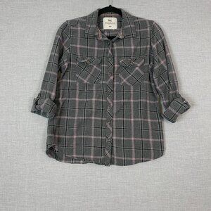 WindRiver Flannel Shirt Roll Tab Sleeves Cotton Sz Med Grey Pink Plaid